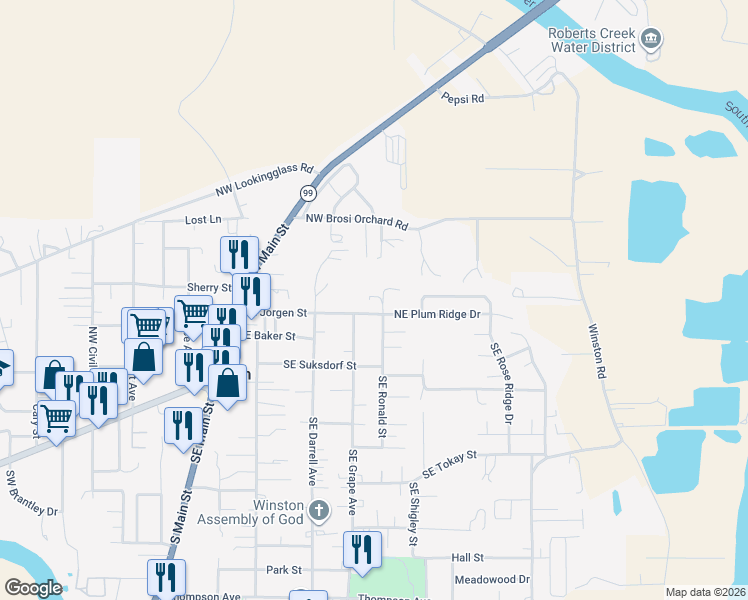 map of restaurants, bars, coffee shops, grocery stores, and more near 150 Northeast Ronald Street in Winston