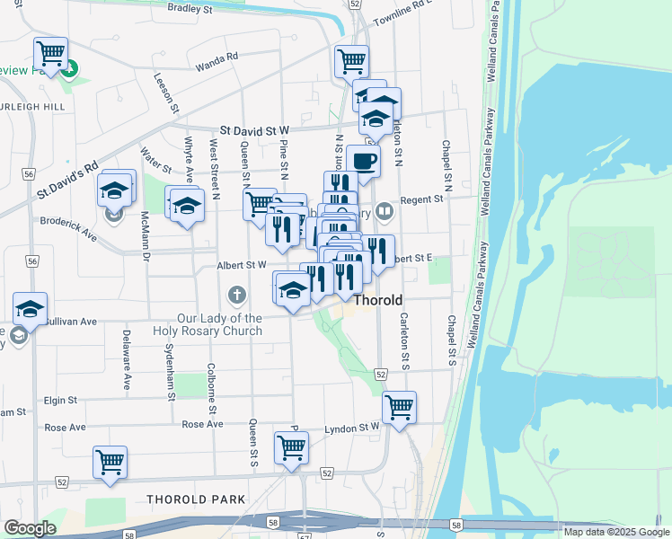 map of restaurants, bars, coffee shops, grocery stores, and more near 21 Front Street South in Thorold