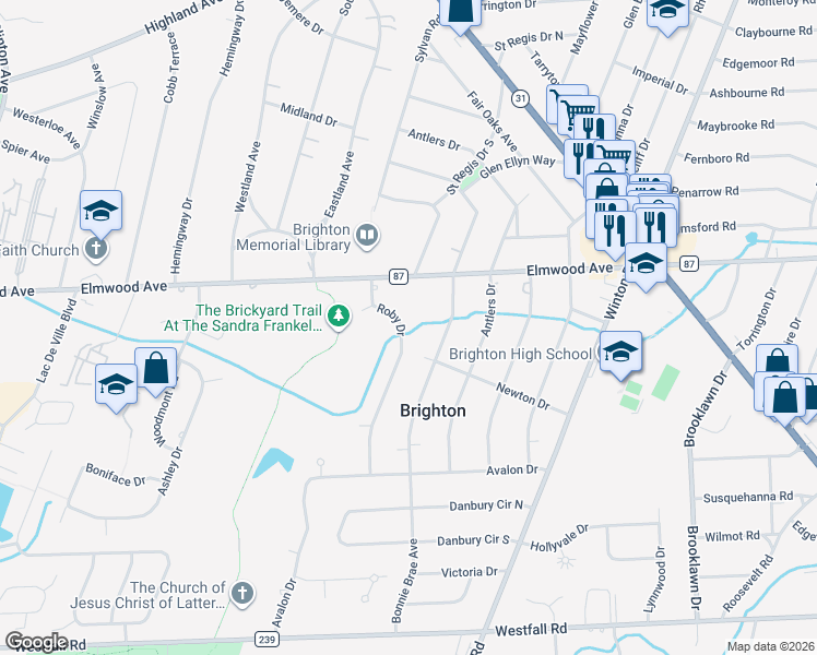 map of restaurants, bars, coffee shops, grocery stores, and more near 26 Roby Drive in Rochester