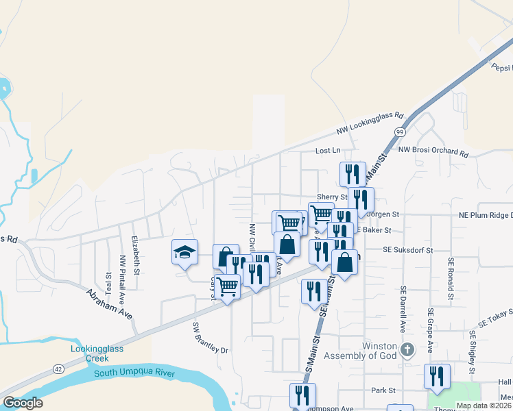 map of restaurants, bars, coffee shops, grocery stores, and more near 306 Northwest Civil Bend Avenue in Winston