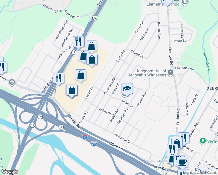 map of restaurants, bars, coffee shops, grocery stores, and more near Buchanan Road in Utica