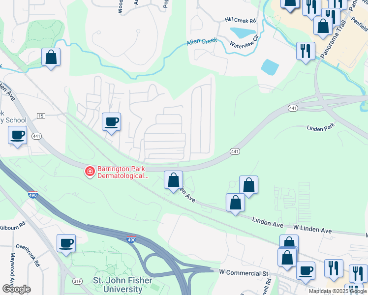 map of restaurants, bars, coffee shops, grocery stores, and more near 1 Penview Drive in Rochester