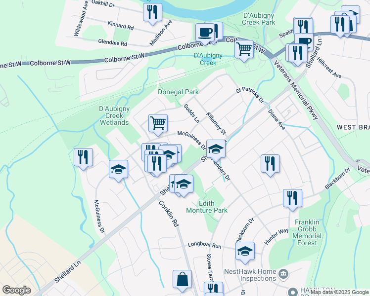map of restaurants, bars, coffee shops, grocery stores, and more near 12 Oliver Court in Brantford