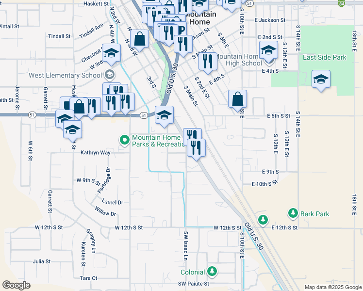 map of restaurants, bars, coffee shops, grocery stores, and more near 360 West 8th South in Mountain Home