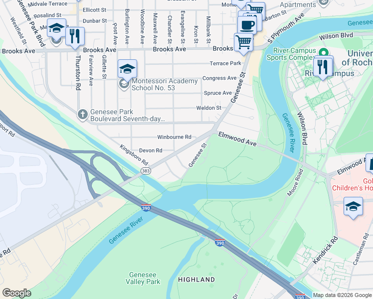 map of restaurants, bars, coffee shops, grocery stores, and more near 84 Scottsville Road in Rochester