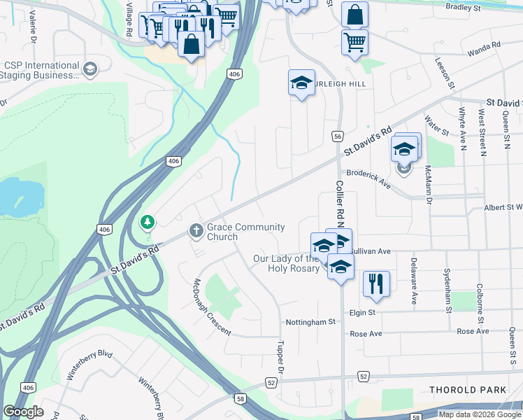 map of restaurants, bars, coffee shops, grocery stores, and more near 215 Saint David's Road in Thorold