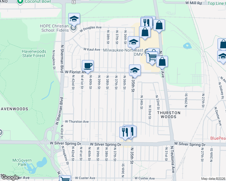 map of restaurants, bars, coffee shops, grocery stores, and more near 5908-5910 North 37th Street in Milwaukee