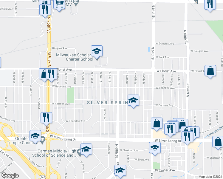 map of restaurants, bars, coffee shops, grocery stores, and more near 5903 North 69th Street in Milwaukee
