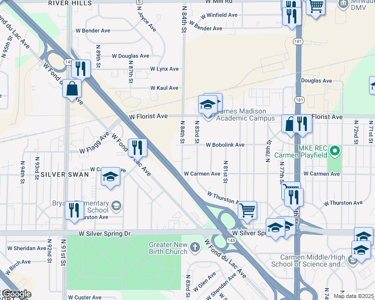map of restaurants, bars, coffee shops, grocery stores, and more near 5876 North 84th Street in Milwaukee