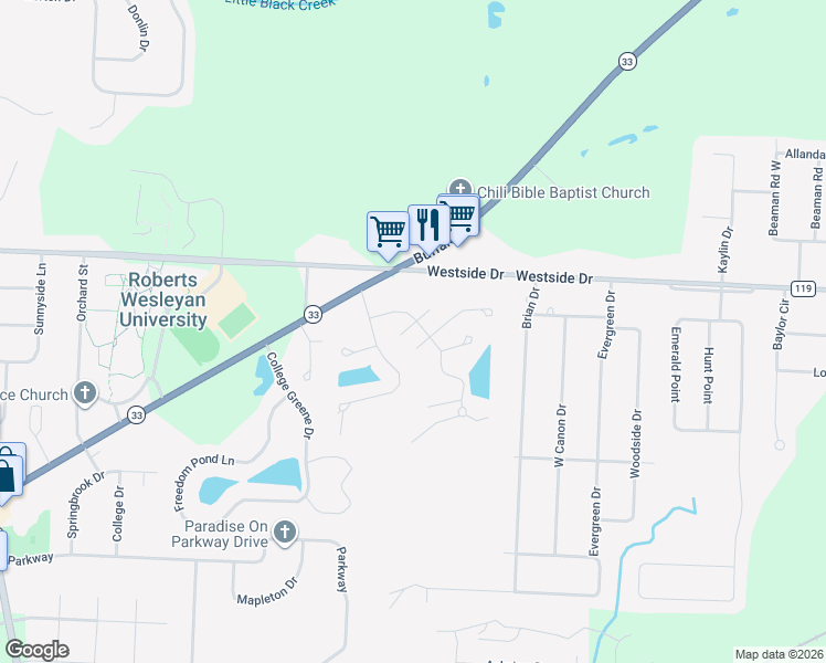 map of restaurants, bars, coffee shops, grocery stores, and more near 17 Spring Flower Drive in North Chili