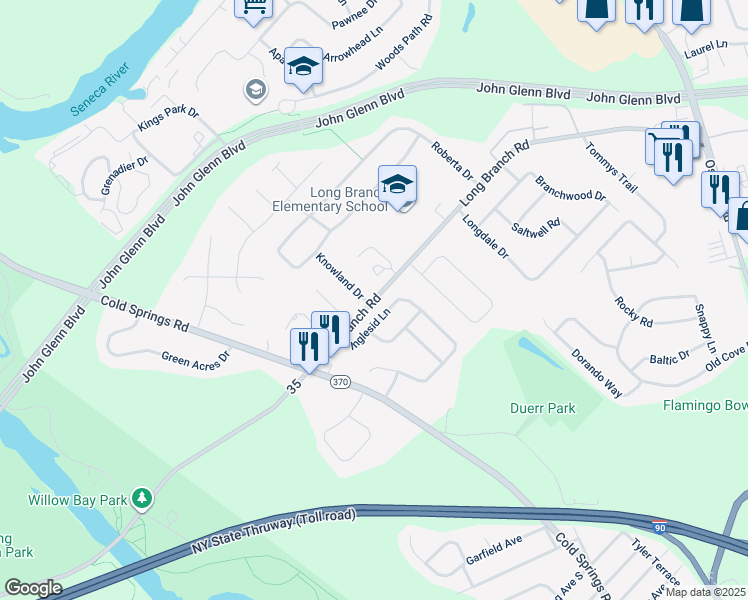 map of restaurants, bars, coffee shops, grocery stores, and more near 4035 Long Branch Road in Liverpool