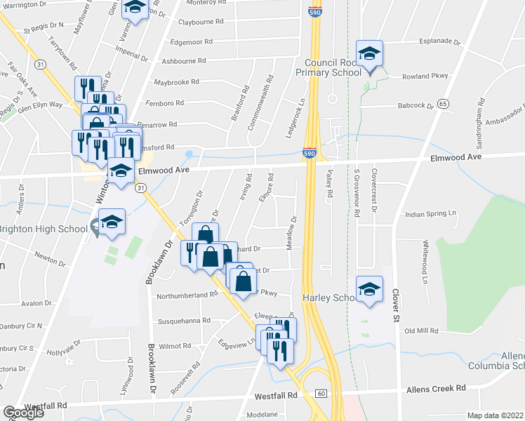 map of restaurants, bars, coffee shops, grocery stores, and more near 102 Elmore Road in Rochester