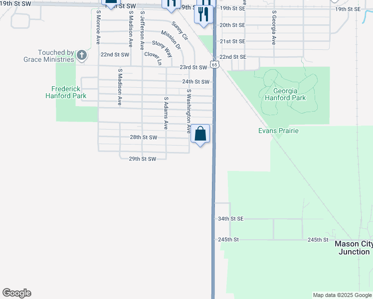 map of restaurants, bars, coffee shops, grocery stores, and more near 102 29th Street Southwest in Mason City