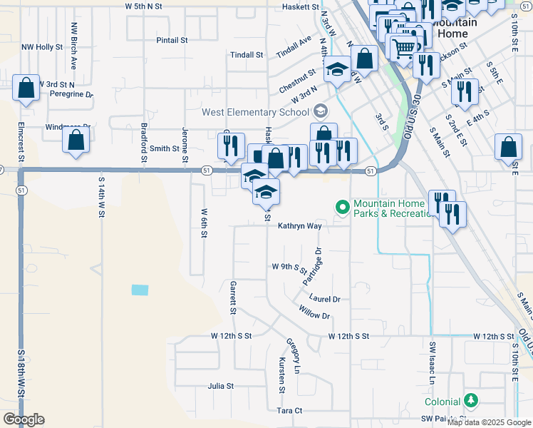 map of restaurants, bars, coffee shops, grocery stores, and more near 675 South Haskett Street in Mountain Home