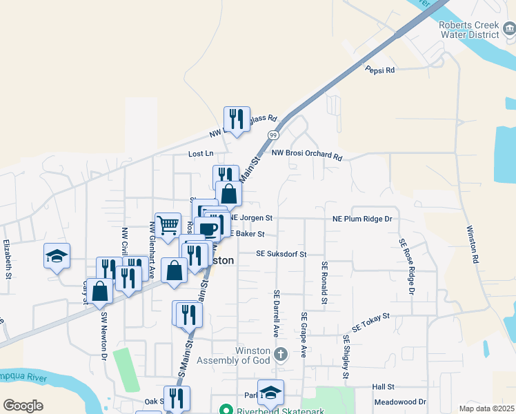 map of restaurants, bars, coffee shops, grocery stores, and more near 130 Northeast Jorgen Street in Winston