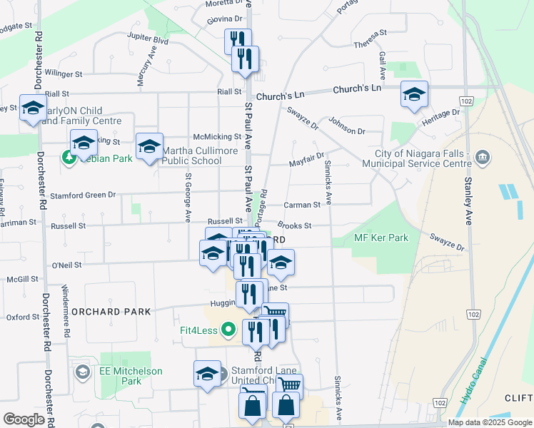 map of restaurants, bars, coffee shops, grocery stores, and more near 3340 Portage Road in Niagara Falls