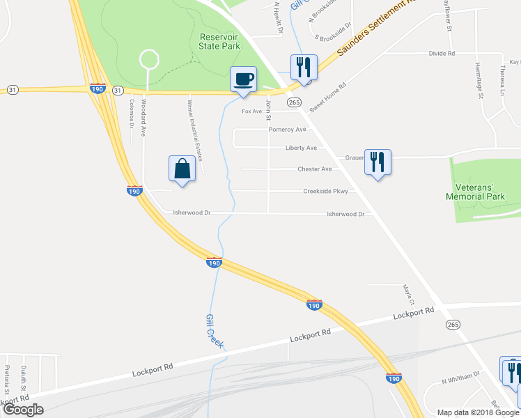 map of restaurants, bars, coffee shops, grocery stores, and more near 4610 Isherwood Drive in Niagara Falls