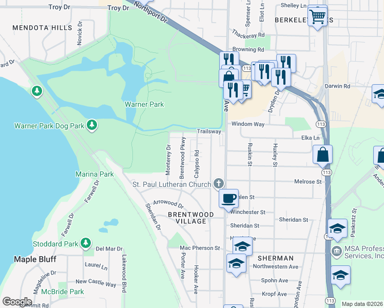 map of restaurants, bars, coffee shops, grocery stores, and more near 2406 Calypso Road in Madison