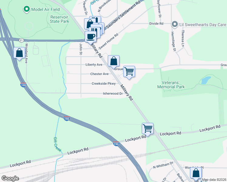 map of restaurants, bars, coffee shops, grocery stores, and more near 5110 Isherwood Dr in Niagara Falls