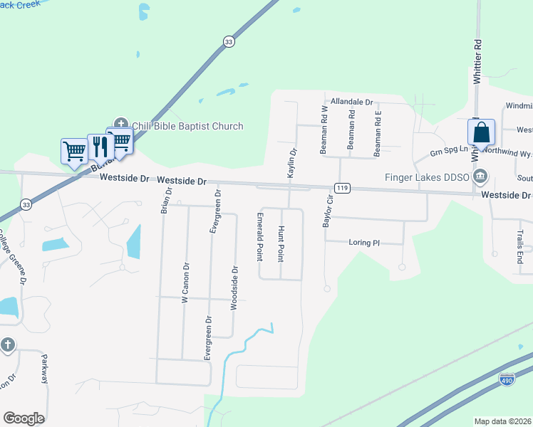 map of restaurants, bars, coffee shops, grocery stores, and more near 11 Emerald Point in Rochester