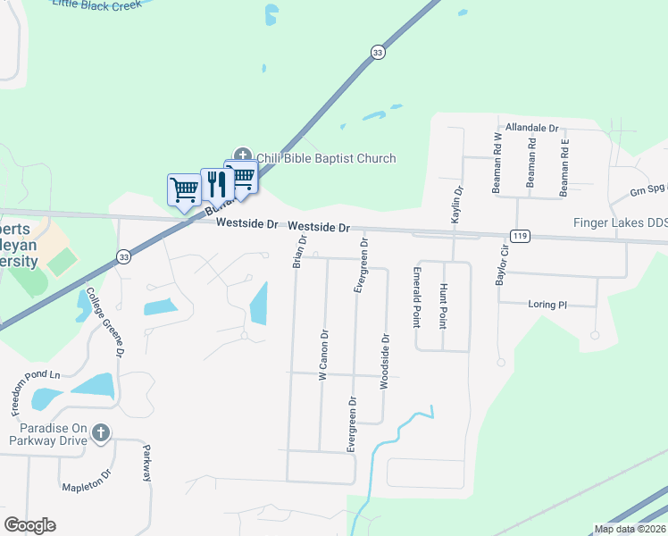 map of restaurants, bars, coffee shops, grocery stores, and more near 11 Brentwood Dr in Rochester