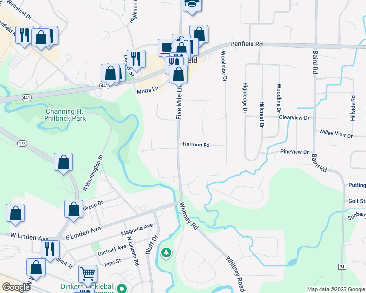 map of restaurants, bars, coffee shops, grocery stores, and more near 832 Harmon Road in Penfield