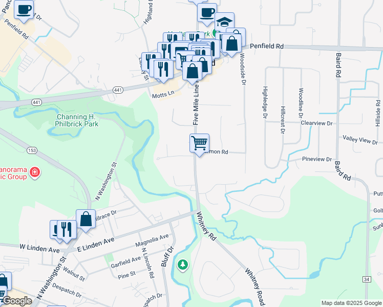 map of restaurants, bars, coffee shops, grocery stores, and more near 2191 Five Mile Line Road in Penfield