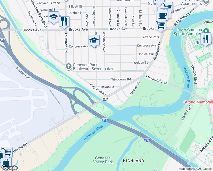 map of restaurants, bars, coffee shops, grocery stores, and more near 86 Devon Road in Rochester