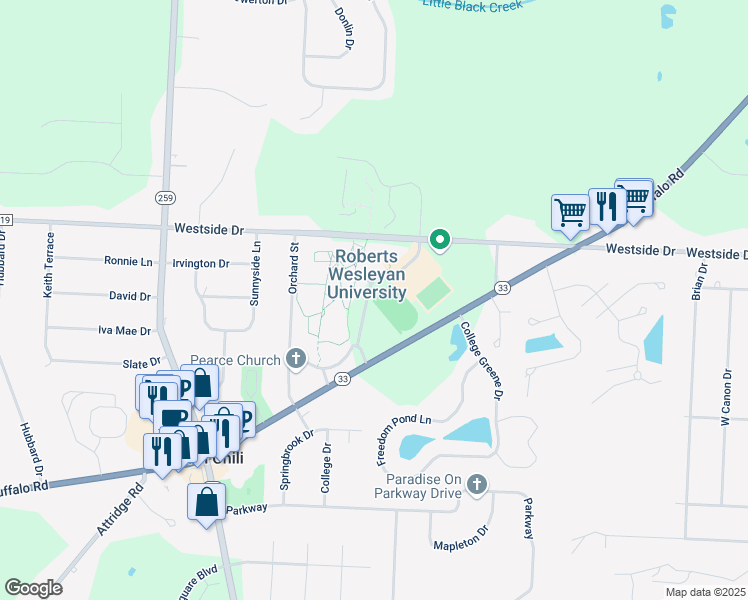 map of restaurants, bars, coffee shops, grocery stores, and more near Chesbrough Drive in Rochester