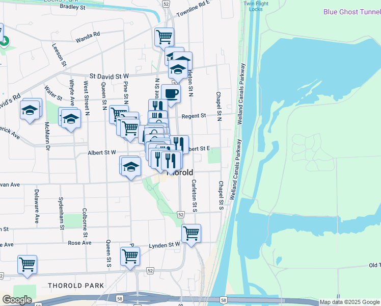 map of restaurants, bars, coffee shops, grocery stores, and more near in Thorold