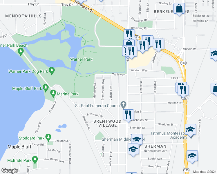 map of restaurants, bars, coffee shops, grocery stores, and more near 2411 Brentwood Parkway in Madison
