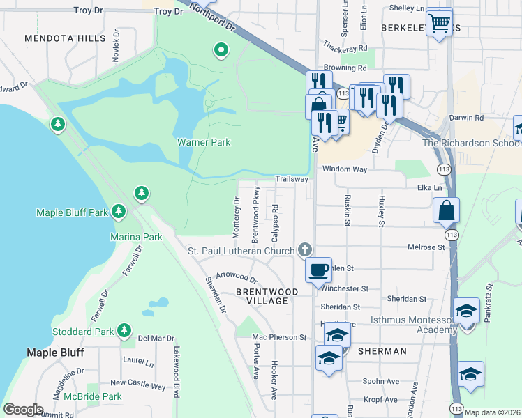 map of restaurants, bars, coffee shops, grocery stores, and more near 2411 Brentwood Parkway in Madison