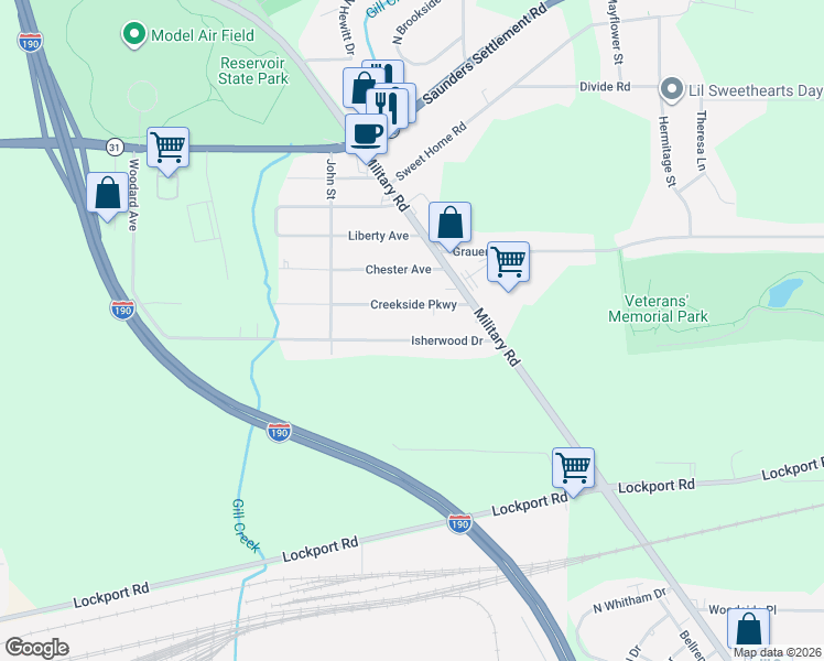 map of restaurants, bars, coffee shops, grocery stores, and more near 4787 Creekside Parkway in Niagara Falls