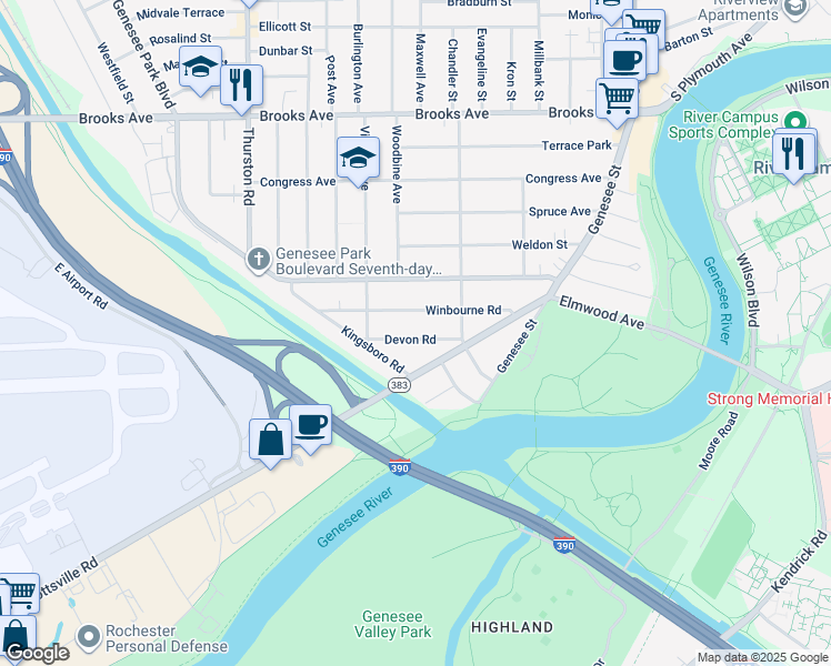 map of restaurants, bars, coffee shops, grocery stores, and more near 86 Devon Road in Rochester