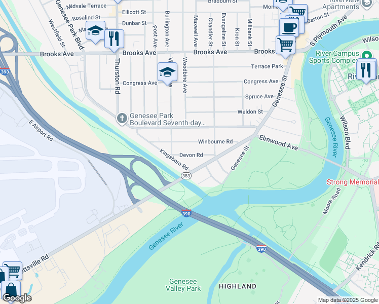 map of restaurants, bars, coffee shops, grocery stores, and more near 86 Devon Road in Rochester