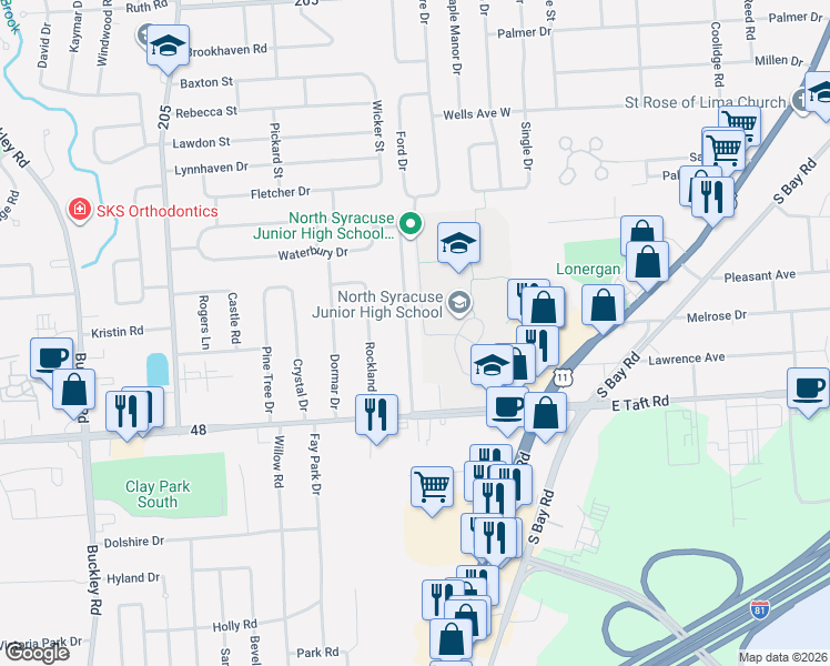 map of restaurants, bars, coffee shops, grocery stores, and more near 123 Hazelhurst Avenue in North Syracuse