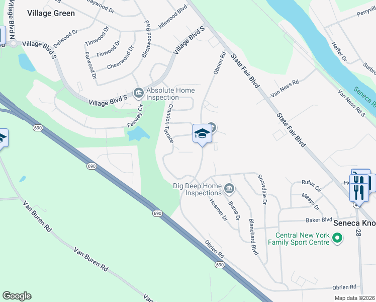 map of restaurants, bars, coffee shops, grocery stores, and more near 7307 Obrien Road in Baldwinsville