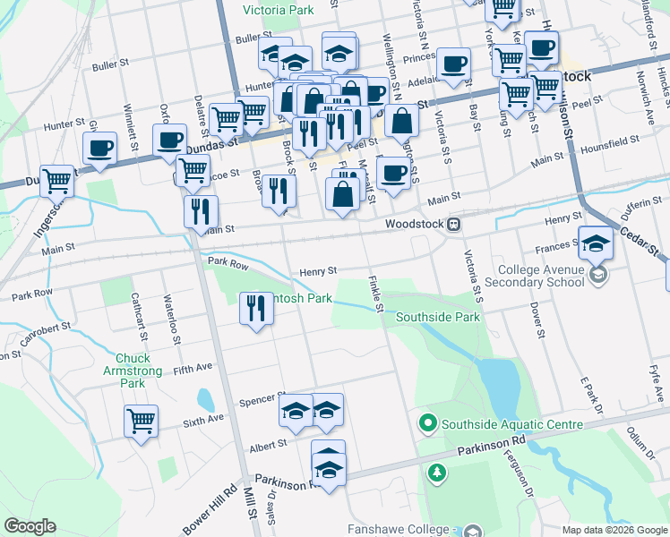 map of restaurants, bars, coffee shops, grocery stores, and more near 130 Finkle Street in Woodstock