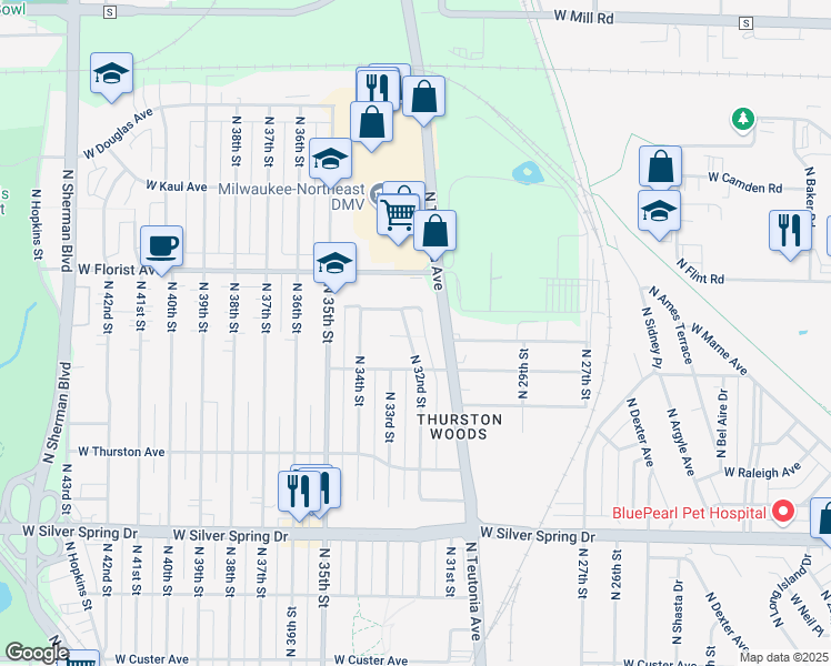 map of restaurants, bars, coffee shops, grocery stores, and more near 5900 North 32nd Street in Milwaukee
