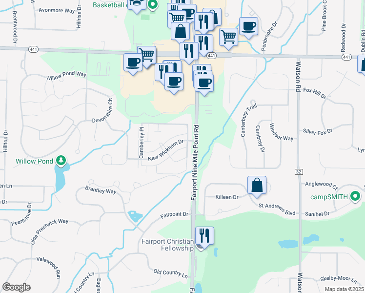 map of restaurants, bars, coffee shops, grocery stores, and more near 8 New Wickham Drive in Penfield
