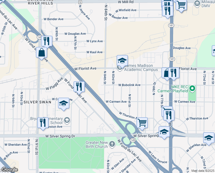 map of restaurants, bars, coffee shops, grocery stores, and more near 5876 North 84th Street in Milwaukee