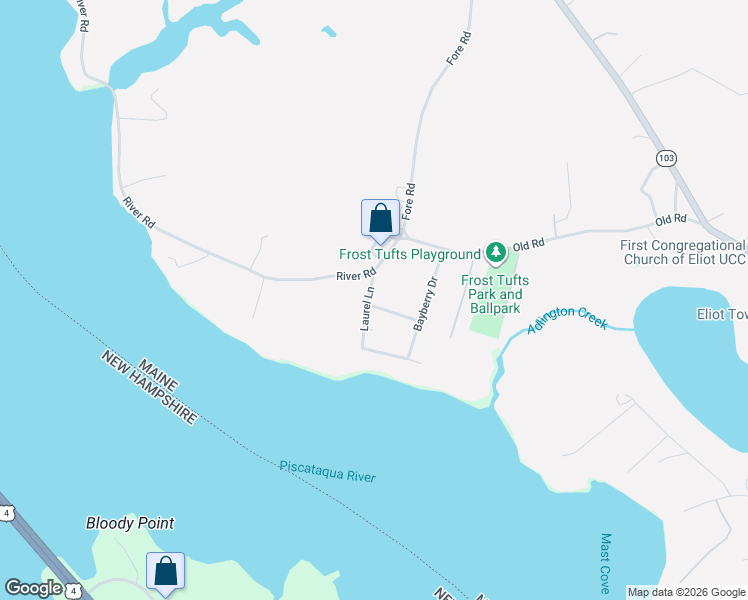 map of restaurants, bars, coffee shops, grocery stores, and more near 6 Laurel Lane in Eliot