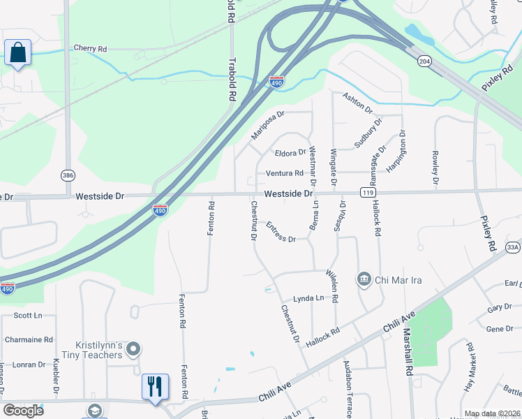 map of restaurants, bars, coffee shops, grocery stores, and more near 116 Chestnut Drive in Rochester