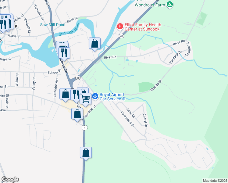 map of restaurants, bars, coffee shops, grocery stores, and more near 130 Granite Street in Allenstown