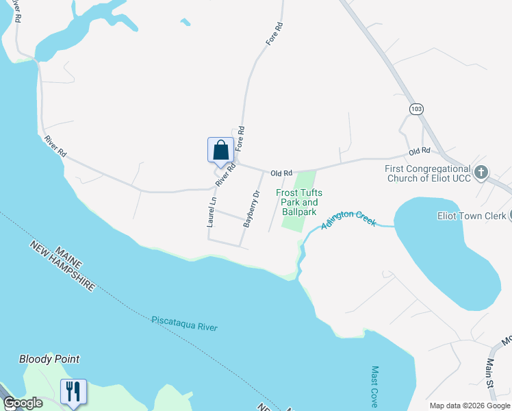 map of restaurants, bars, coffee shops, grocery stores, and more near 13 Bayberry Drive in Eliot