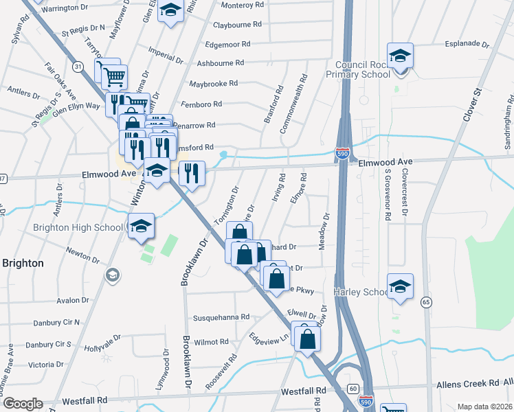 map of restaurants, bars, coffee shops, grocery stores, and more near 86 Hampshire Drive in Rochester