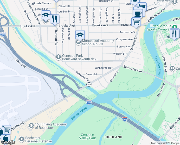 map of restaurants, bars, coffee shops, grocery stores, and more near 86 Devon Road in Rochester