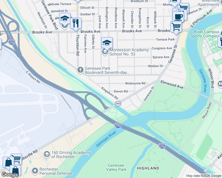 map of restaurants, bars, coffee shops, grocery stores, and more near 138 Devon Road in Rochester