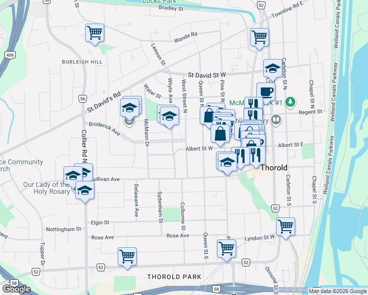 map of restaurants, bars, coffee shops, grocery stores, and more near in Thorold