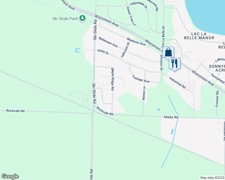 map of restaurants, bars, coffee shops, grocery stores, and more near N7775 Maple Ridge Road in Oconomowoc
